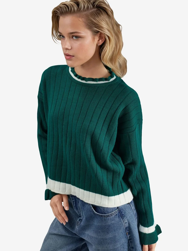 MY FASHION Striped Knit Sweater with Crew Neck