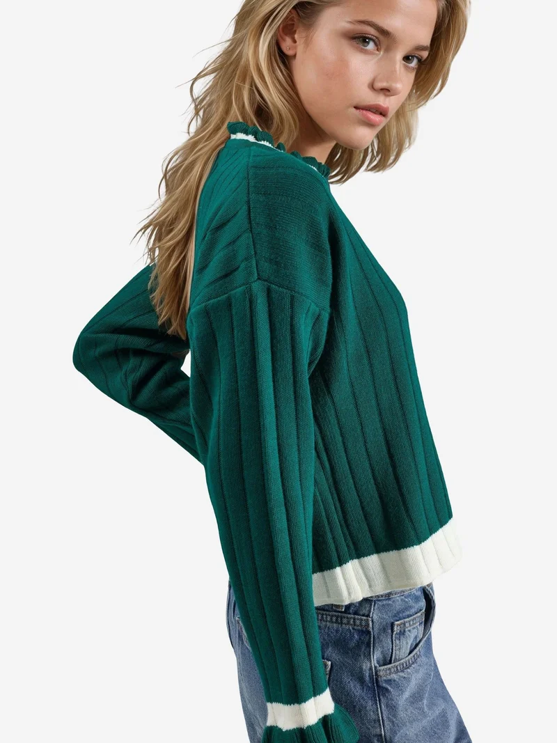 My Fashion Emerald Green MY FASHION Striped Knit Sweater with Crew Neck for Women | Best Price UAE