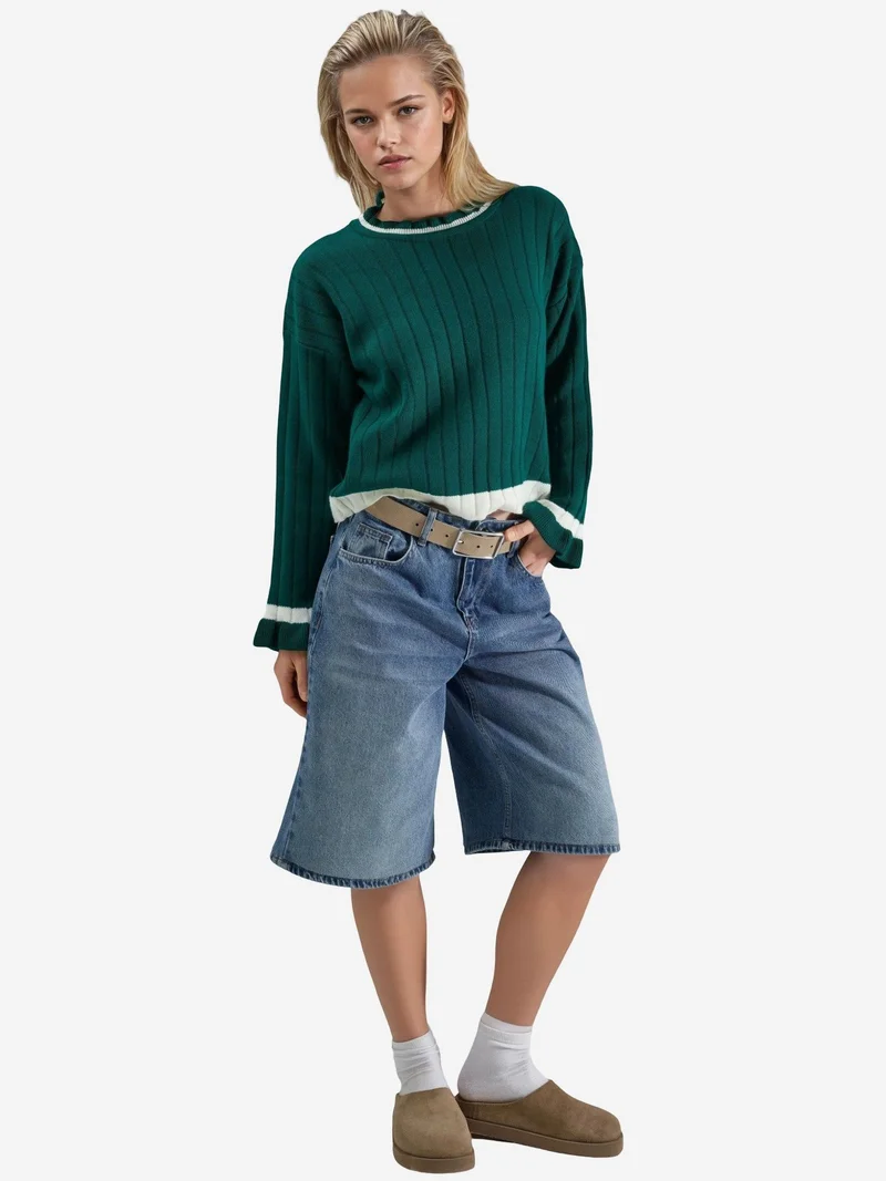 My Fashion Emerald Green MY FASHION Striped Knit Sweater with Crew Neck for Women | Best Price UAE