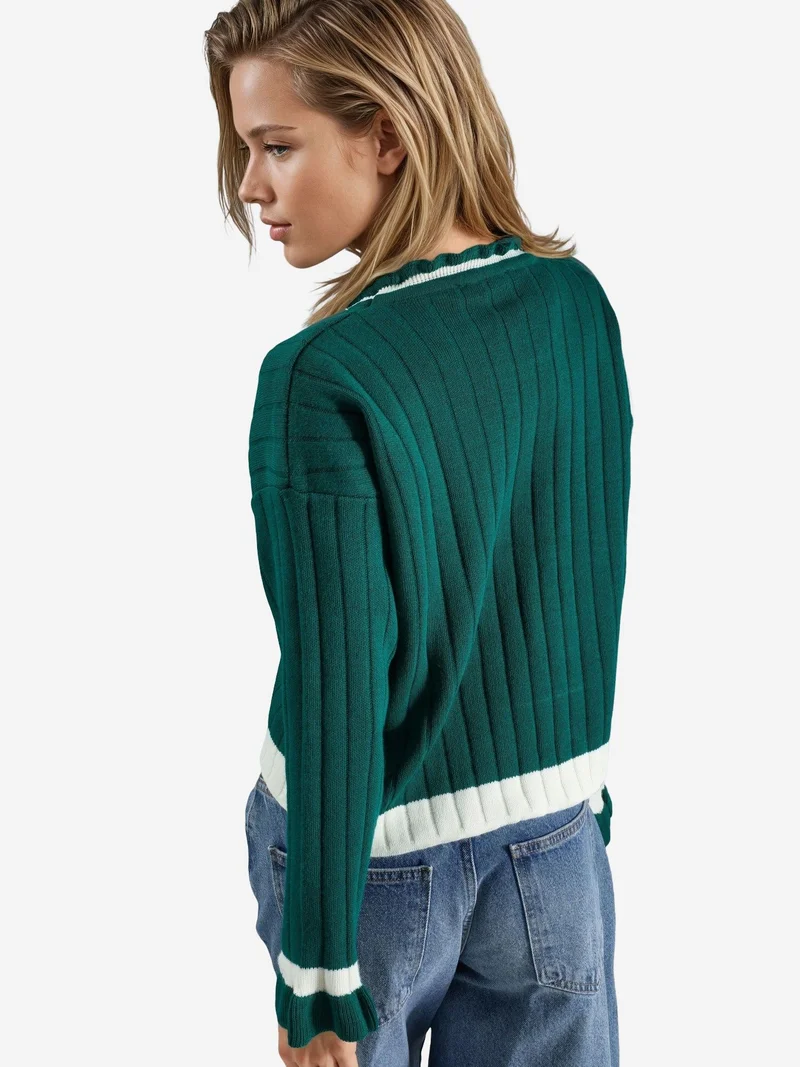 My Fashion Emerald Green MY FASHION Striped Knit Sweater with Crew Neck for Women | Best Price UAE