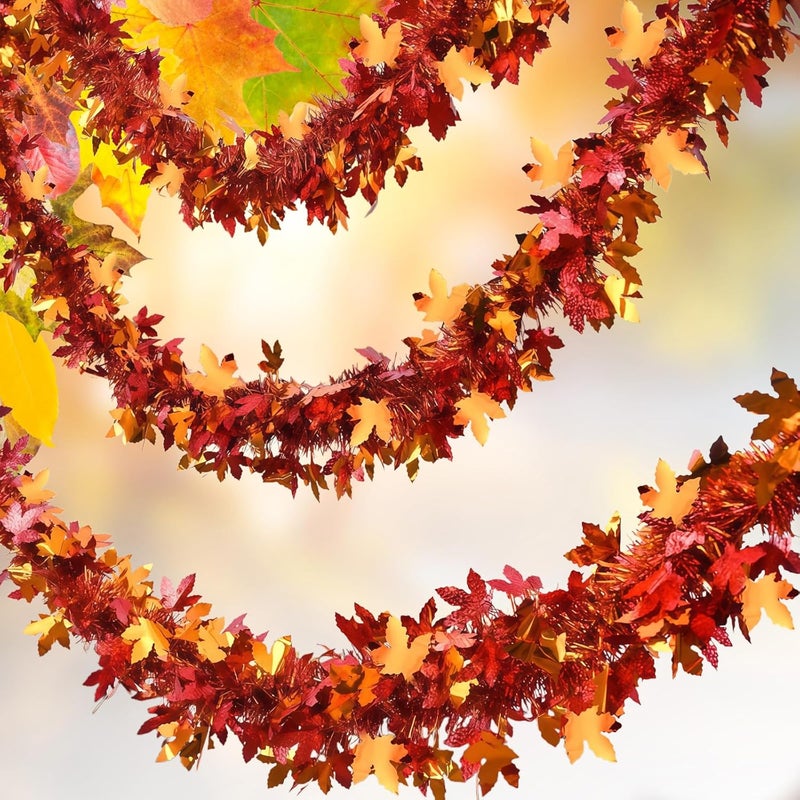 HPMAISON Thanksgiving Garland Decorations 65.6Ft Autumn Fall Maple Leaf Orange Red Fall Leaves Hanging Metallic Tinsel Garland Glittering Foliage for Birthday Party Christmas Halloween Wedding Fireplace - Image 4