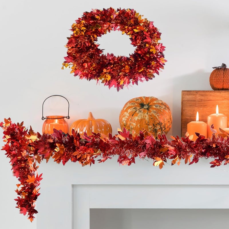 HPMAISON Thanksgiving Garland Decorations 65.6Ft Autumn Fall Maple Leaf Orange Red Fall Leaves Hanging Metallic Tinsel Garland Glittering Foliage for Birthday Party Christmas Halloween Wedding Fireplace - Image 3