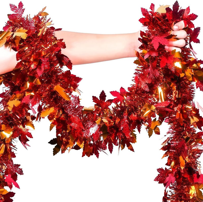 HPMAISON Thanksgiving Garland Decorations 65.6Ft Autumn Fall Maple Leaf Orange Red Fall Leaves Hanging Metallic Tinsel Garland Glittering Foliage for Birthday Party Christmas Halloween Wedding Fireplace - Image 1