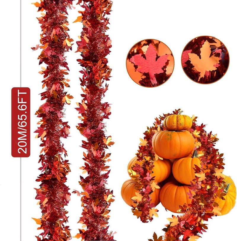 HPMAISON Thanksgiving Garland Decorations 65.6Ft Autumn Fall Maple Leaf Orange Red Fall Leaves Hanging Metallic Tinsel Garland Glittering Foliage for Birthday Party Christmas Halloween Wedding Fireplace - Image 2
