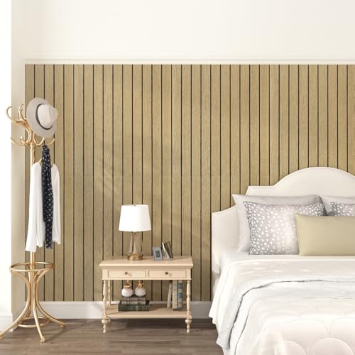 STICKEEP Neutral Peel and Stick Wood Panels for Walls 3D Textured Faux Wood Acoustic Wall Panels Self Adhesive Soundproof Wooden Slats Panelling Wallpaper for Bedroom Living Room Studio 11.8"x118" - Image 4