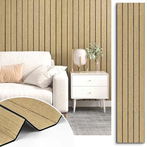STICKEEP Neutral Peel and Stick Wood Panels for Walls 3D Textured Faux Wood Acoustic Wall Panels Self Adhesive Soundproof Wooden Slats Panelling Wallpaper for Bedroom Living Room Studio 11.8"x118" - Image 1