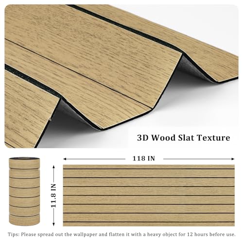 STICKEEP Neutral Peel and Stick Wood Panels for Walls 3D Textured Faux Wood Acoustic Wall Panels Self Adhesive Soundproof Wooden Slats Panelling Wallpaper for Bedroom Living Room Studio 11.8"x118" - Image 5