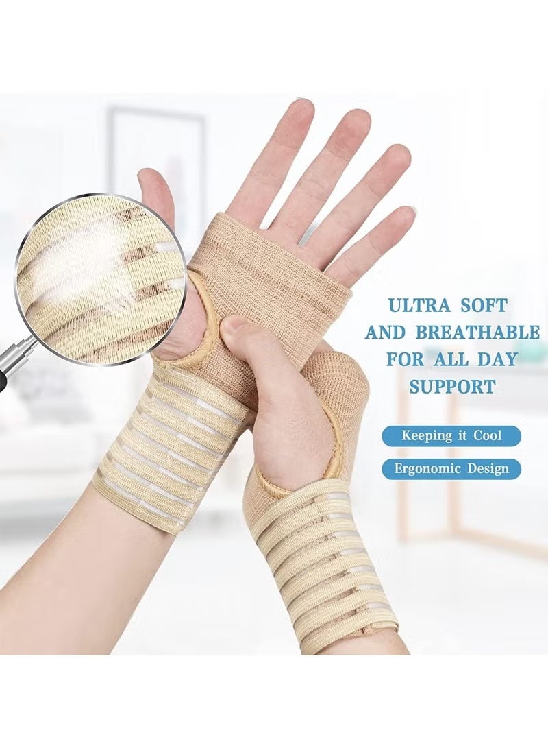 Wrist Brace, Elastic Wrist Support with Strap, Ideal for Sprains, Injury or Sports Use with no Metal bar, Support Without inhibiting Flexibility, Left or Right, Beige, 2Pcs - Image 3
