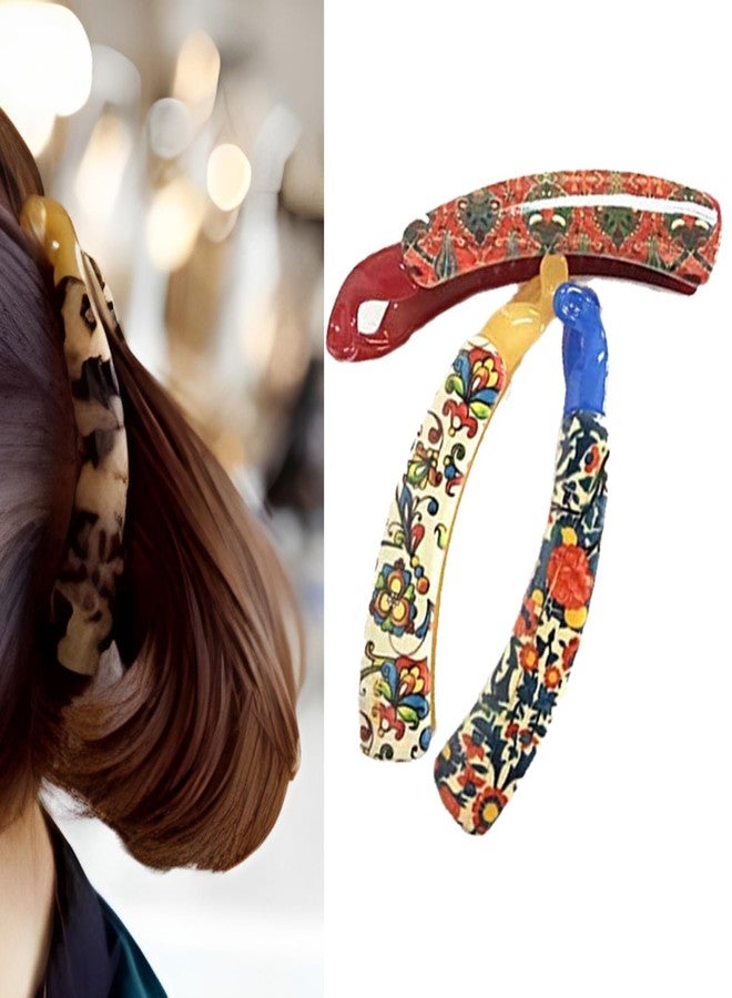 بيردوير مشابك شعر بيردوير كبيرة الحجم متعددة الألوان مصنوعة من مادة الأكريليك المطاطية المستوردة على شكل موزة للنساء (متعددة الألوان) | مشابك شعر (عبوة من 3 قطع مطبوعة) - Image 1