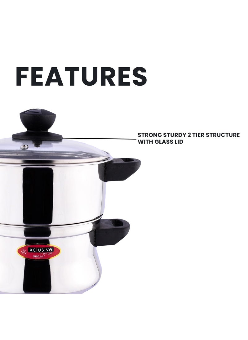 EUROstyle KITCHENWARE COOK WITH COMFORT EuroStyle Mahi Steamer Stainless Steel Steamer 2 Tier Structure with Glass Lid Multi Purpose Steamer for Momos Vegetable steamer  - Image 2