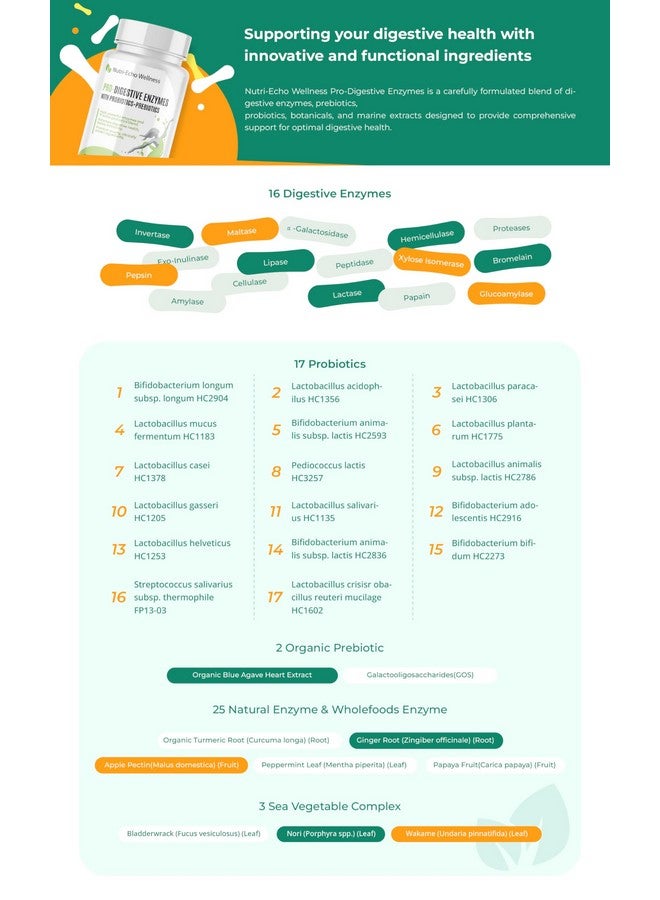 Nutri-Echo Wellness 900mg Blend of 16 Digestive Enzymes,17 Probiotics,5 Plants Complex with Natural enzymes, and 3 Sea Vegetables for Digestive & Gut Health, Bloating&Meal Time Discomfort-90 Capsules - Image 5