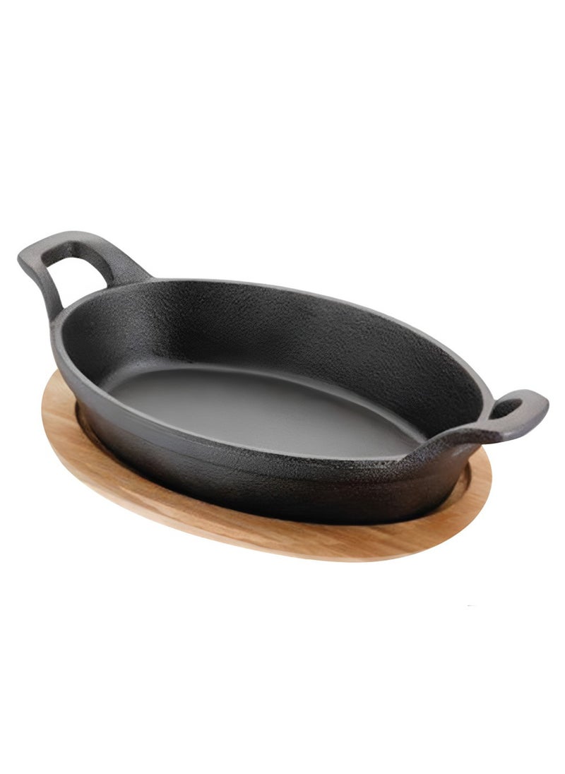 BLACKSTONE Cast Iron Mini Oval Skillet with Wooden Sizzler Plate 18cm  - Image 1