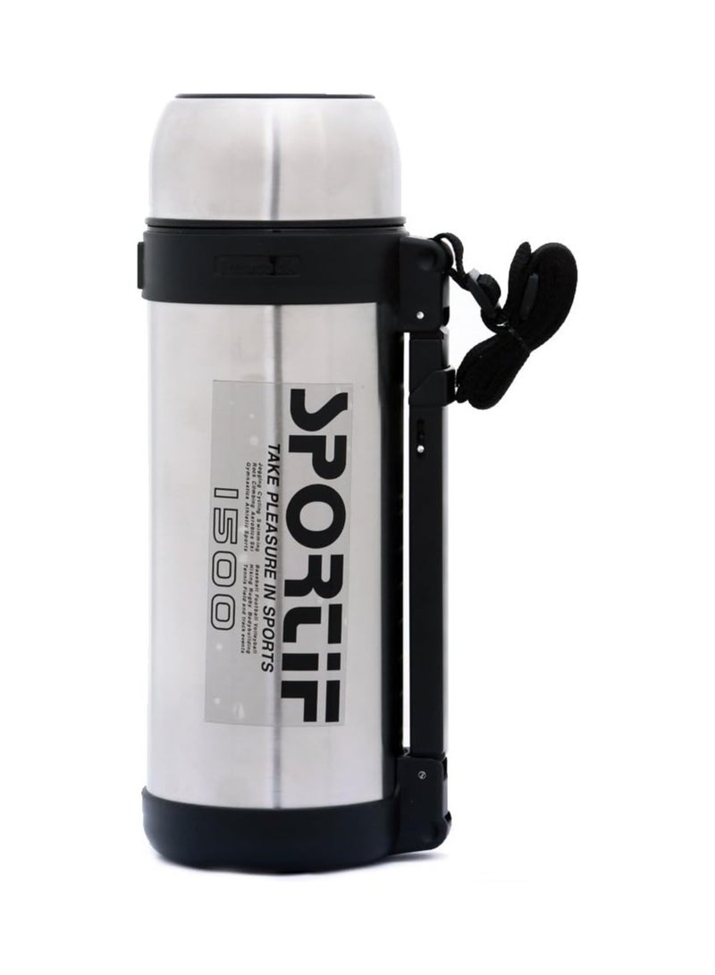 Peacock 1.45 Liter Stainless Steel Sportif Vacuum Bottle ART151 Silver With Carry Strap Double Wall Insulated Leak Proof Travel Thermos Flask For Hot And Cold Drinks - Image 1