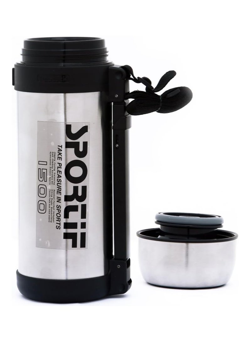 Peacock 1.45 Liter Stainless Steel Sportif Vacuum Bottle ART151 Silver With Carry Strap Double Wall Insulated Leak Proof Travel Thermos Flask For Hot And Cold Drinks - Image 2