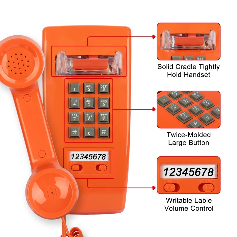 Sangyn Retro Wall Phones for Landline with Loud Mechanical Ringing Vintage Wall Mount Phone with Volume Adjustable Old Fashioned Corded Telephone for Kitchen Home School Hotel Office, Orange - Image 3