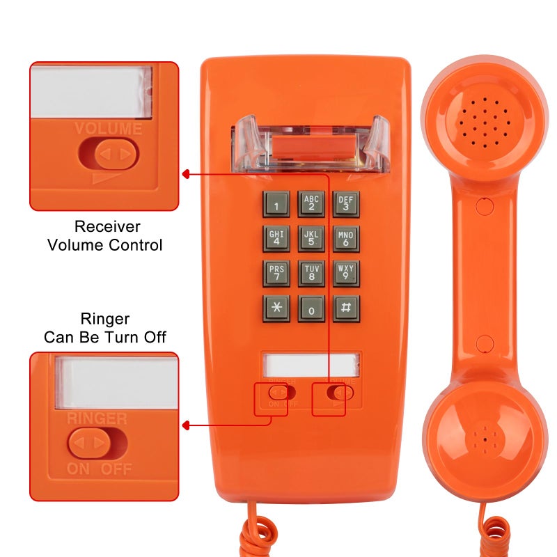 Sangyn Retro Wall Phones for Landline with Loud Mechanical Ringing Vintage Wall Mount Phone with Volume Adjustable Old Fashioned Corded Telephone for Kitchen Home School Hotel Office, Orange - Image 2
