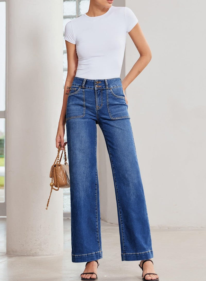 Sidefeel Women's High Waisted Jeans Straight Leg Stretchy Tummy Control Wide Leg Denim Pants Dark Blue Size 4 - Image 5