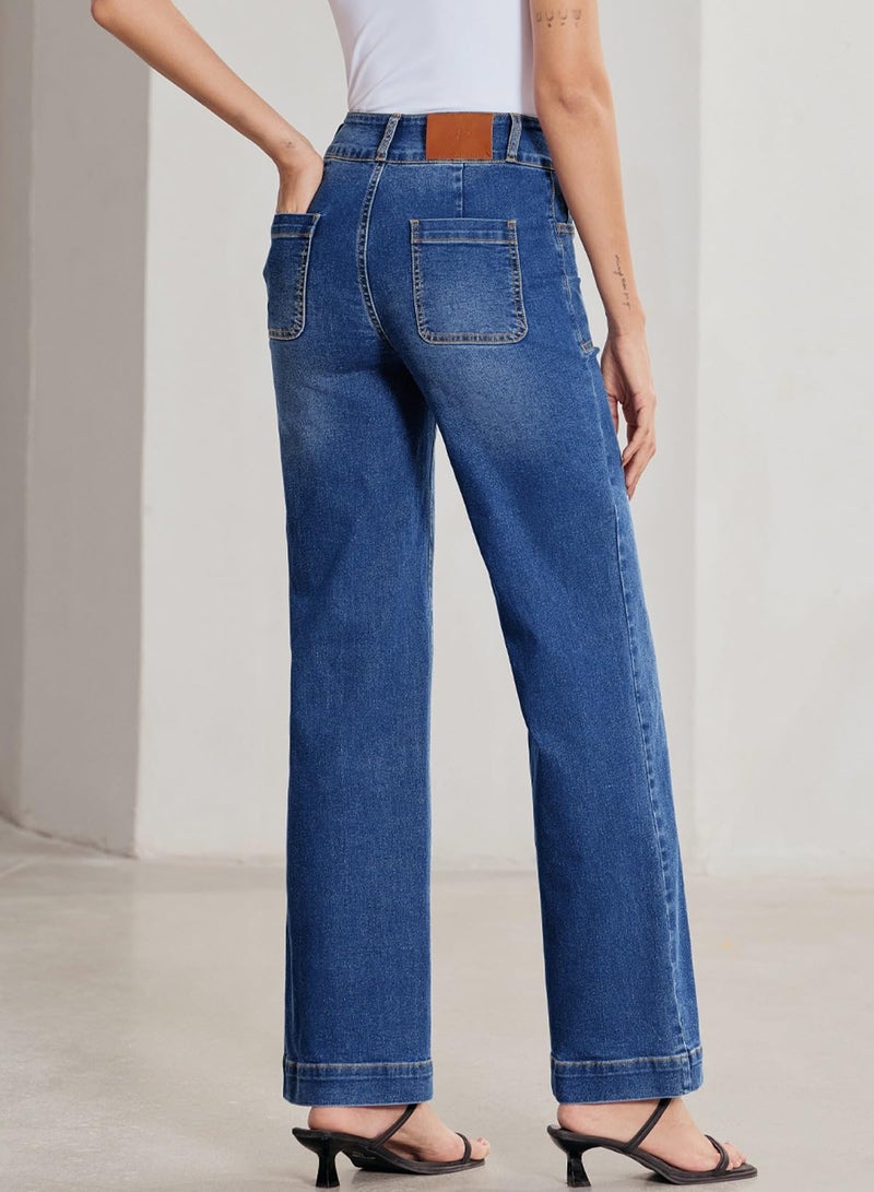 Sidefeel Women's High Waisted Jeans Straight Leg Stretchy Tummy Control Wide Leg Denim Pants Dark Blue Size 4 - Image 2