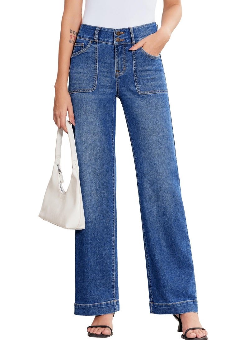 Sidefeel Women's High Waisted Jeans Straight Leg Stretchy Tummy Control Wide Leg Denim Pants Dark Blue Size 4 - Image 1