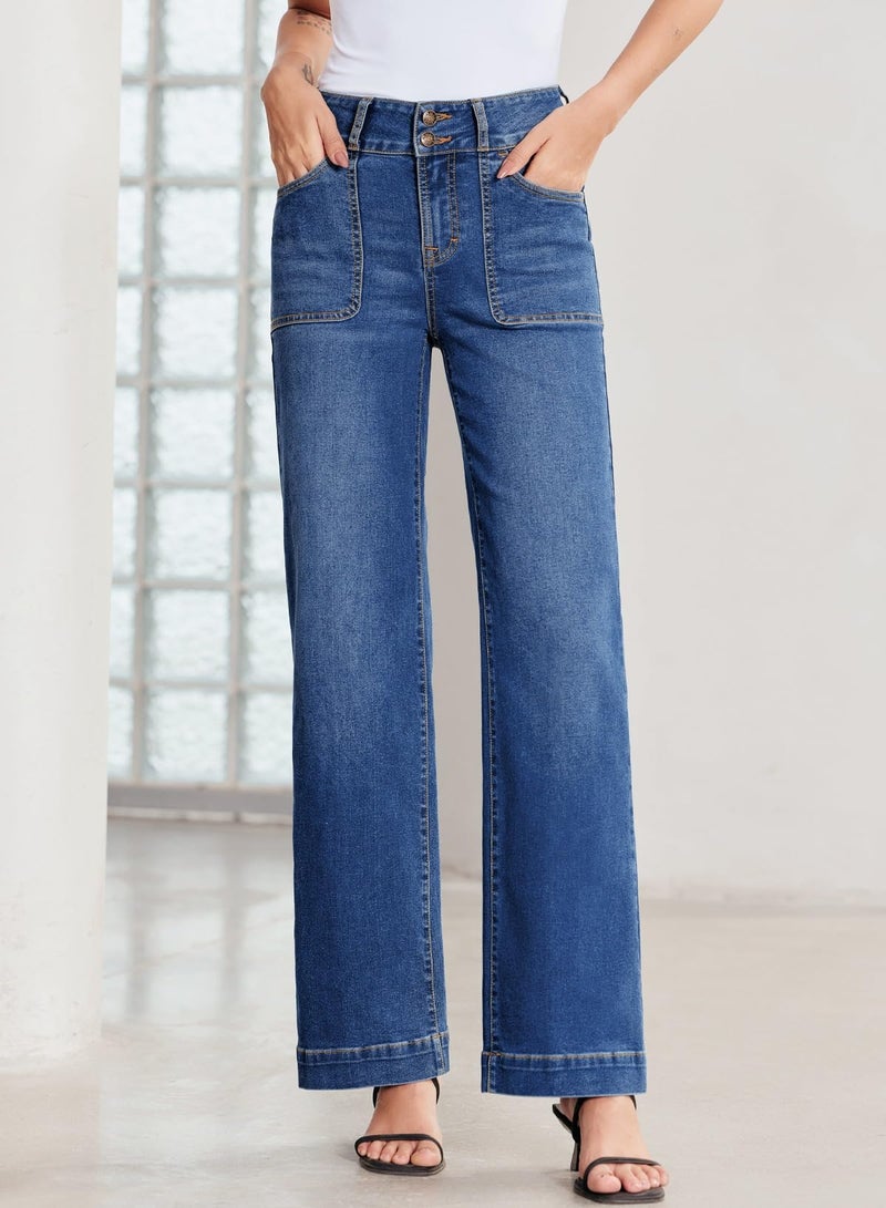 Sidefeel Women's High Waisted Jeans Straight Leg Stretchy Tummy Control Wide Leg Denim Pants Dark Blue Size 4 - Image 4