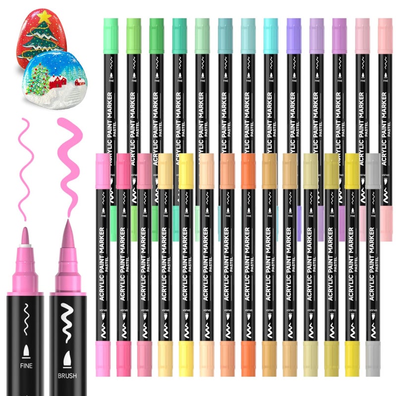 28 Pastel Colors Dual Tip Acrylic Paint Markers Brush Tip and Fine Tip Acrylic Paint Pens for Rock Painting Ceramic Wood Canvas Plastic Glass Stone Calligraphy Card Making DIY Crafts