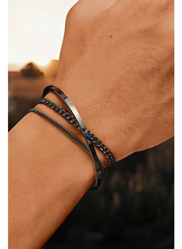 Men's 3Pcs Stacking Bracelet Set ,Triple Layer Cuban Chain Bangle for Men , Hypoallergenic Stainless Steel Adjustable Men Bracelet Bangle,Lightweight Hypoallergenic Daily Wear - Image 2