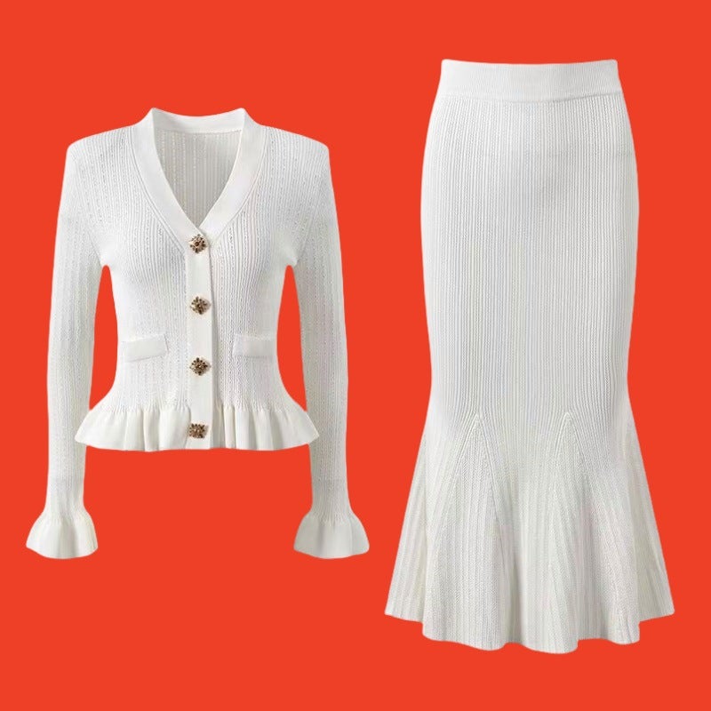 2025 Autumn New Waist Bell Sleeve Knitted Top Fishtail Hip Overskirt Two-Piece Skirt Suit - Image 1
