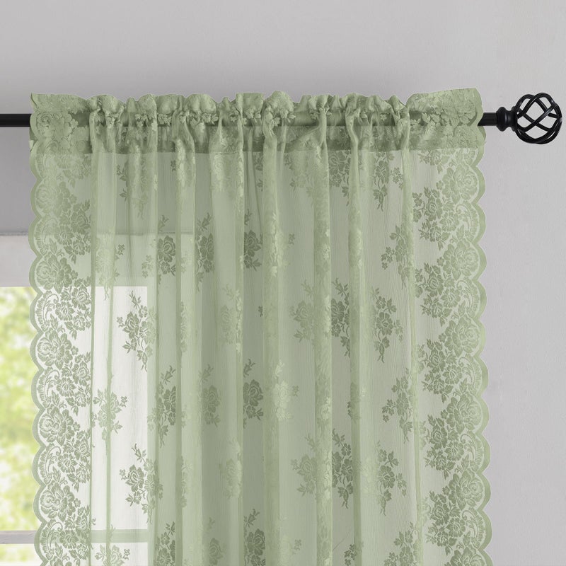 Kotile Green Lace Curtains 63 Inch Length 2 Panels, Country Rustic Floral Design Spring Sheer Curtains for Bedroom, Rod Pocket Privacy Sage Sheer Lace Curtains, 42 x 63 Inch Each, Sage Green - Image 3