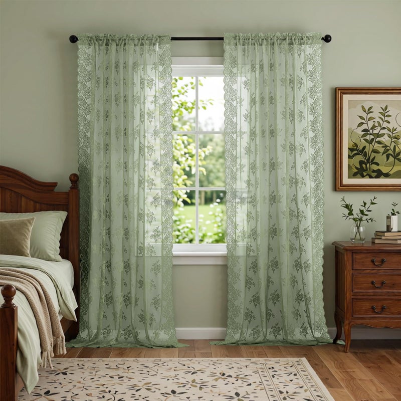 Kotile Green Lace Curtains 63 Inch Length 2 Panels, Country Rustic Floral Design Spring Sheer Curtains for Bedroom, Rod Pocket Privacy Sage Sheer Lace Curtains, 42 x 63 Inch Each, Sage Green - Image 1
