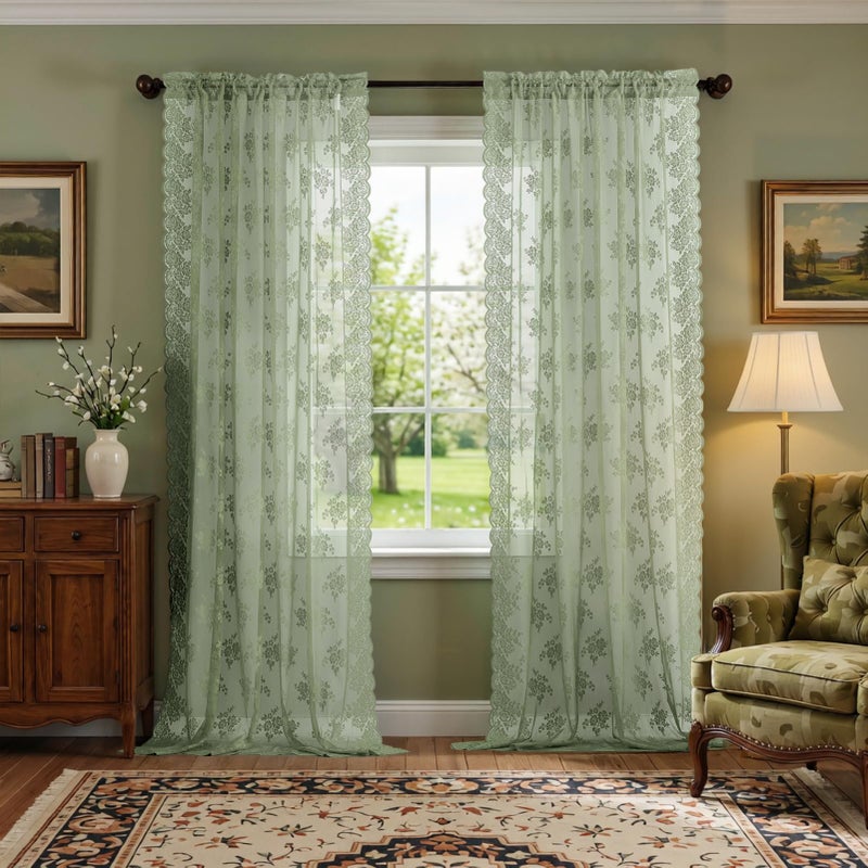 Kotile Green Lace Curtains 63 Inch Length 2 Panels, Country Rustic Floral Design Spring Sheer Curtains for Bedroom, Rod Pocket Privacy Sage Sheer Lace Curtains, 42 x 63 Inch Each, Sage Green - Image 5