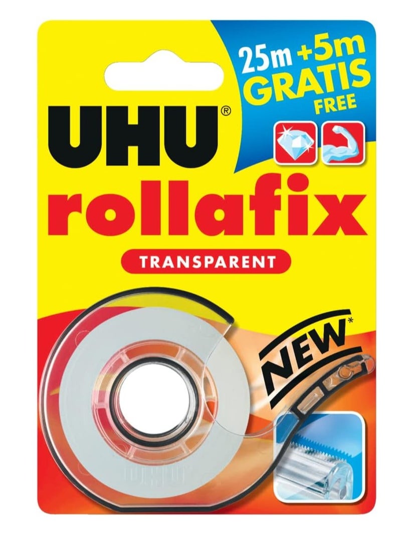 UHU 1-Piece Rollafix Transparent Stationery Office Adhesive Tape With Dispenser 19mm Width - Image 1