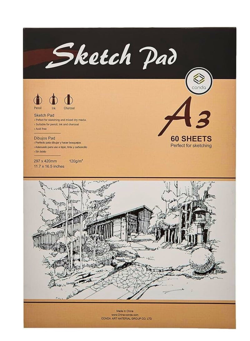 كوندا دفتر رسم A3، 120 جم، 60 ورقة (420 × 297 مم)، دفتر رسم فني مع أوراق رسم سميكة خالية من الأحماض - Image 1