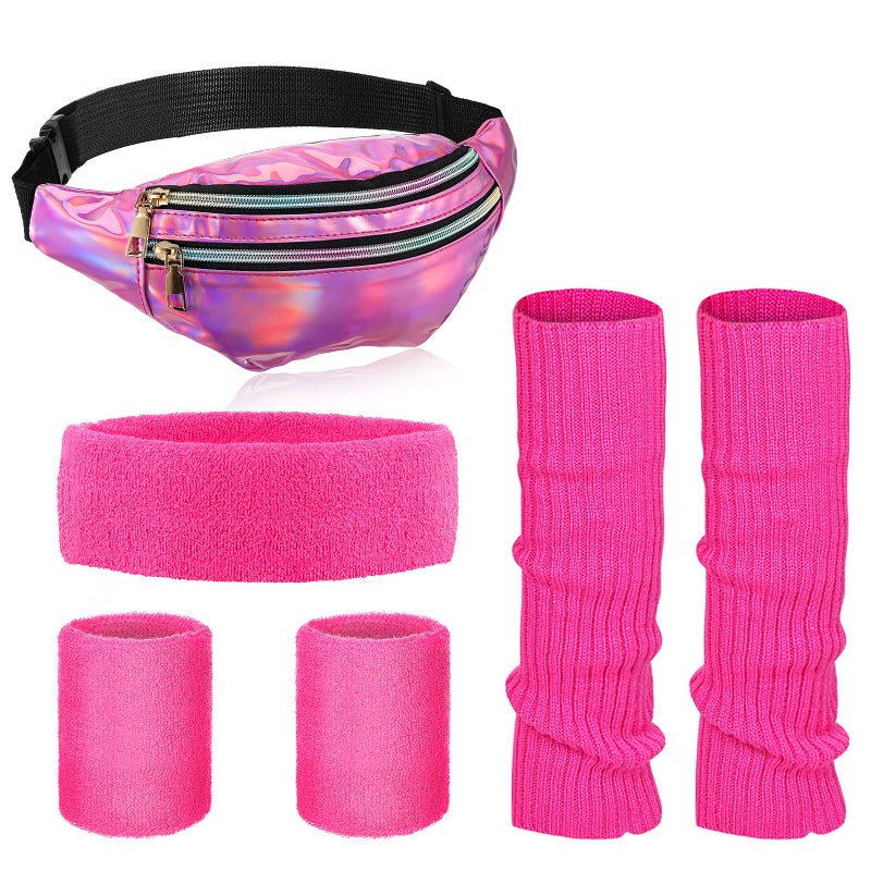 Masquerade dress set, yoga sports headband, wrist guard, leg cover, laser fanny pack set, rose red.