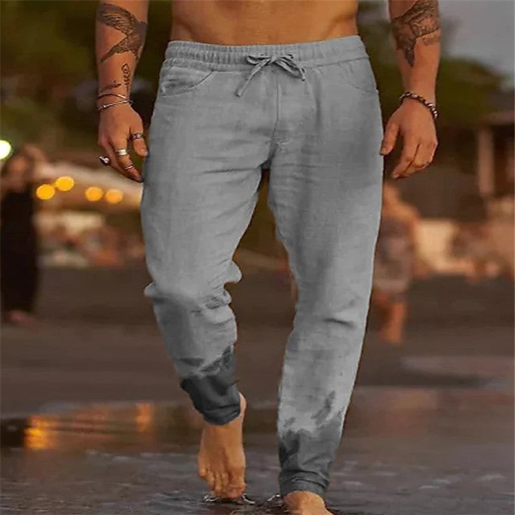 European and American Cross-border 2025 Summer New Mens Solid Color Casual Pants Loose Niche Drawstring Beach Straight Pants Light gray 