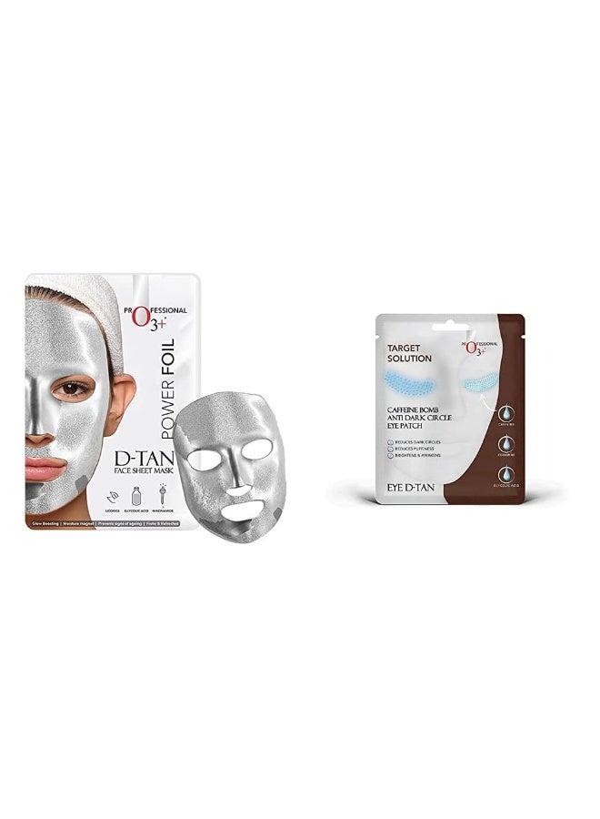 O3+ Power Foil D-Tan Face sheet mask for Skin Brightening Face Mask 20 ml & O3+ Caffeine Bomb Anti Dark Circle Eye Patch & Eye D Tan (single use only) 5G Combo - Image 1