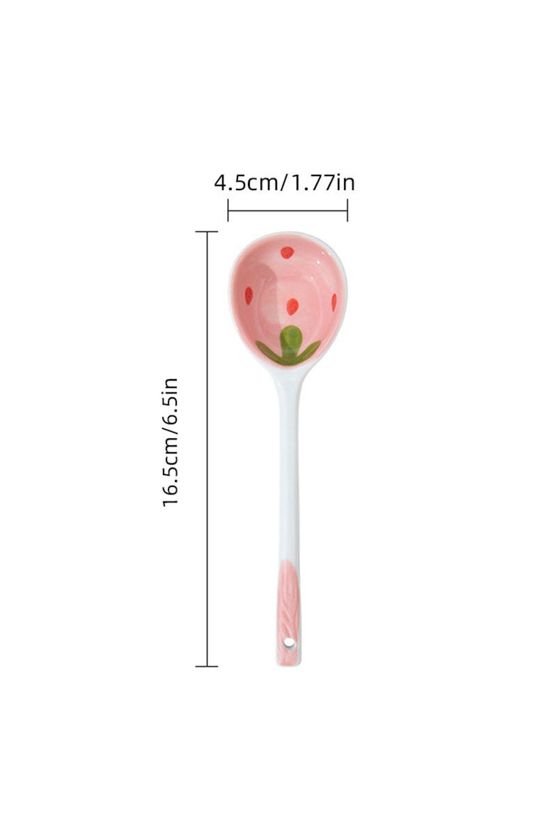 Pink 1PCS Kawaii Strawberry Ceramic Soup Spoon Cute Korean Ice Cream Hand Painted Coffee Dessert Lon