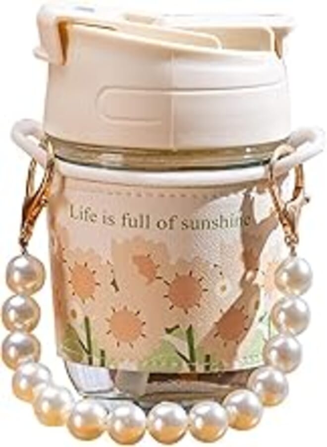 2023 NEW Pearl Carry Chain Double Drink Coffee Water Tea Cup Yu Glass Water Cup Pearl Cup (with Bracelet Cup Sleeve Straw) 350ML 