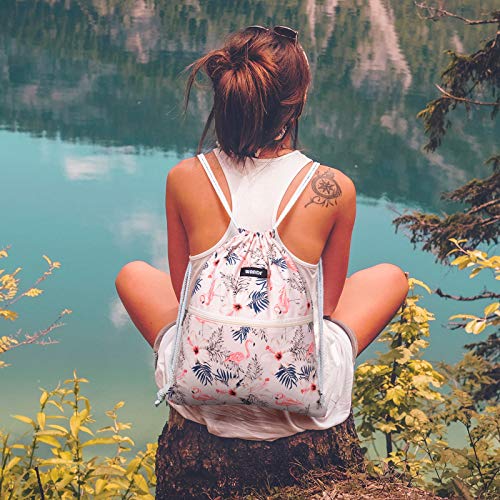 WANDF Drawstring Backpack String Bag Sackpack Cinch Water Resistant Nylon for Gym Shopping Sport Yoga (Flamingo) - Image 5
