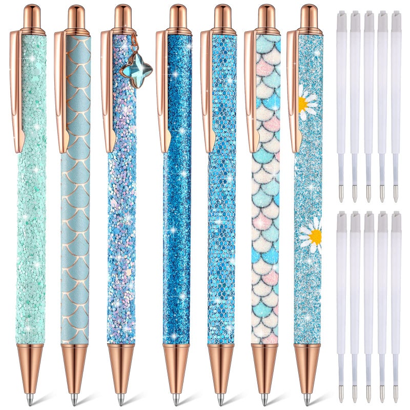 Sherr 7 Pcs Fancy Pens for Women Cute Sparkly Glitter Pens with 10 Pcs Black Ink Refills Pretty Gifts for Girls Office School Christmas Graduation(Plain) - Image 1