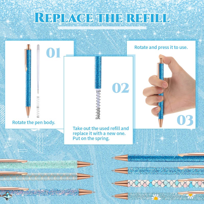 Sherr 7 Pcs Fancy Pens for Women Cute Sparkly Glitter Pens with 10 Pcs Black Ink Refills Pretty Gifts for Girls Office School Christmas Graduation(Plain) - Image 3