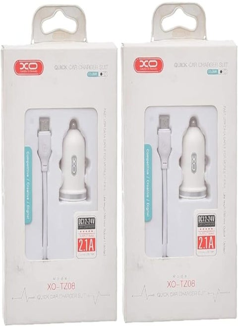 XO TZ08 Car Charger Suit And Micro Cable With 2.1A Max Output And 2 USB Output 1000MM Set Of 2 Pieces - White