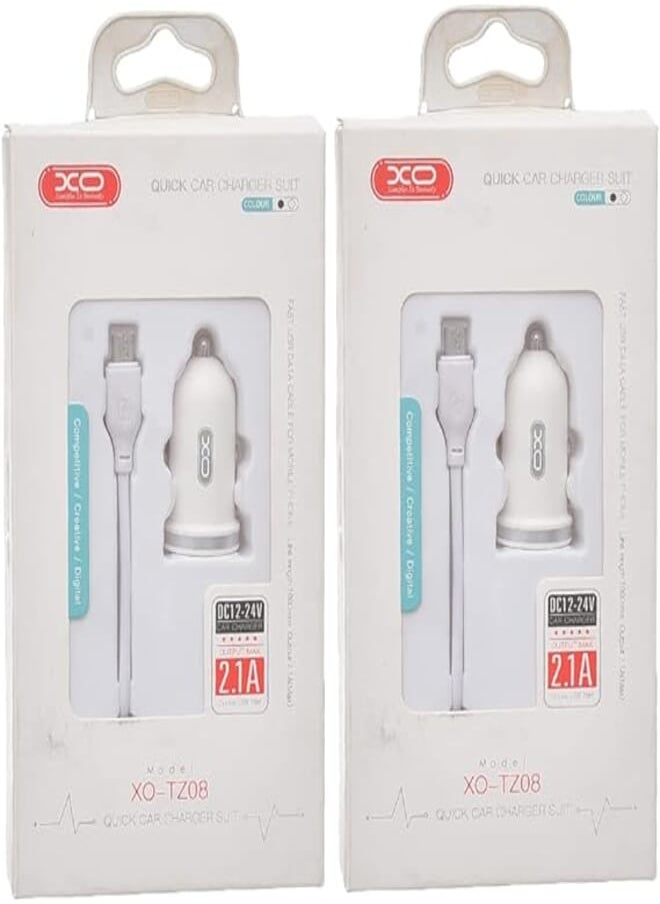 XO - XO TZ08 Car Charger Suit And Micro Cable With 2.1A Max Output And 2 USB Output 1000MM Set Of 2 Pieces - White - Image 1