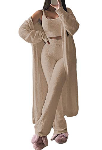 Fixmatti Women 3 Pcs PJ Outfit Set Crop Tops Pants and Open Front Cardigan Tracksuit Lounge Set Fall Outfits Camel S - Image 1