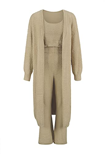 Fixmatti Women 3 Pcs PJ Outfit Set Crop Tops Pants and Open Front Cardigan Tracksuit Lounge Set Fall Outfits Camel S - Image 5
