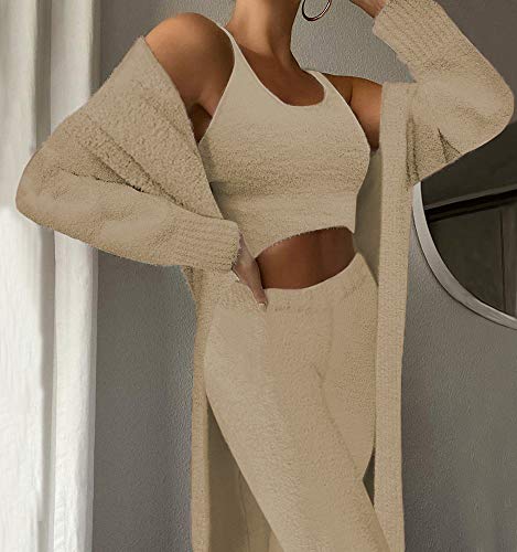 Fixmatti Women 3 Pcs PJ Outfit Set Crop Tops Pants and Open Front Cardigan Tracksuit Lounge Set Fall Outfits Camel S - Image 2