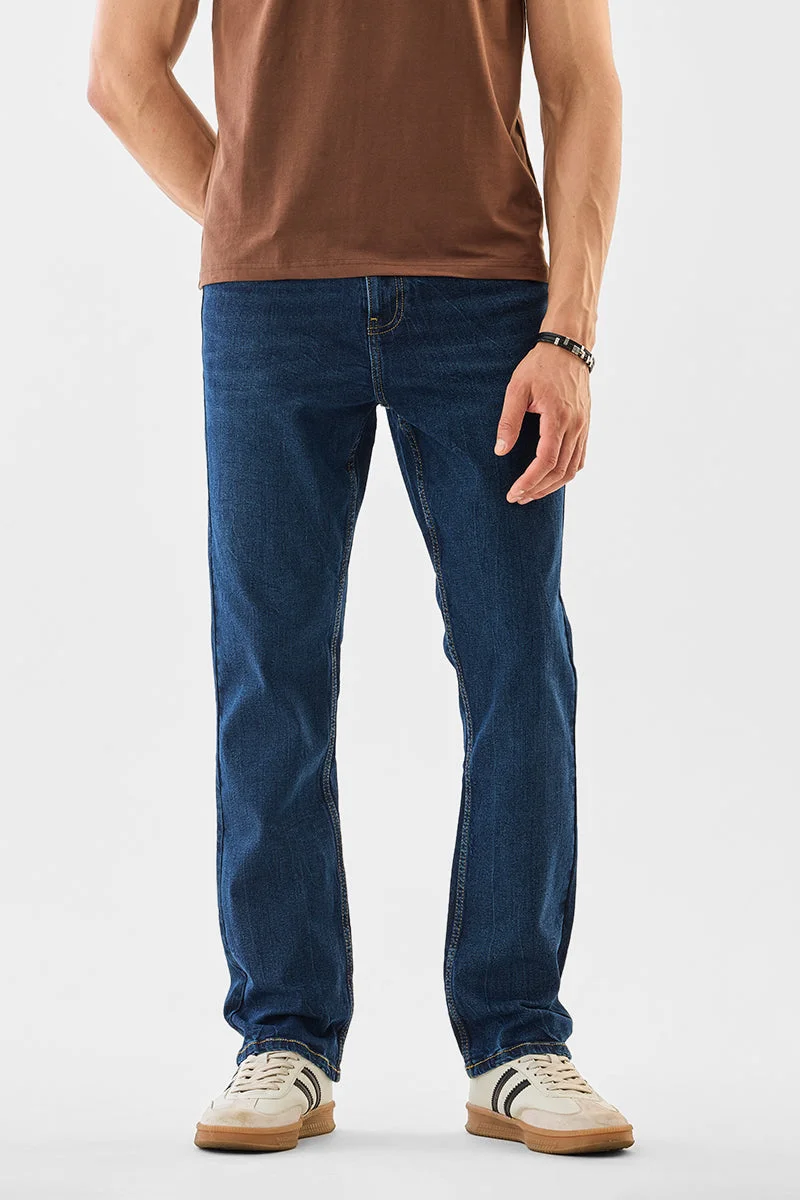 سنيتش Dark Blue Solid Straight Fit Casual Jeans