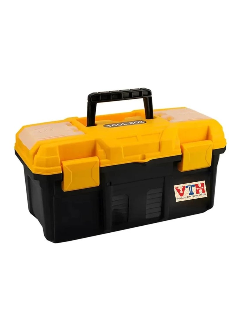 VTH WITH TAGLINE ABSOLUTE TOOLING SOLUTIONS VTH Plastic Toolbox Unbreakable 19inch Portable Tool Box with PVC Clutch Tool Organizer with Extra Storage Tray for Home Tools Nails and Pins BlackYellow  - Image 1