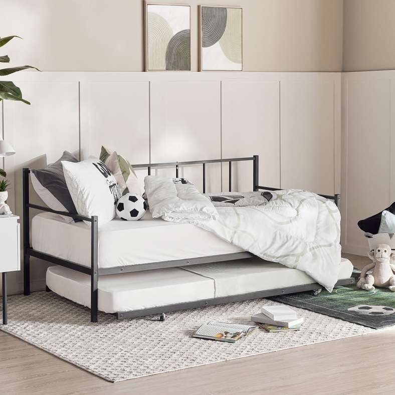 Pan Home سرير نهاري للأطفال باللون الأسود مع سرير سحب - 90x190 سم - Image 1