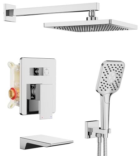 Gabrylly Shower System with Tub Spout, Wall Mounted Tub Shower Faucet Set for Bathroom with High Pressure 10" Rain Shower head and 3-Setting Handheld Shower Head Set, Chrome - Image 1