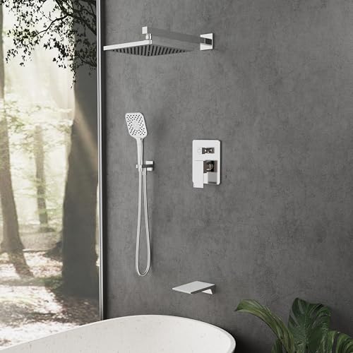 Gabrylly Shower System with Tub Spout, Wall Mounted Tub Shower Faucet Set for Bathroom with High Pressure 10" Rain Shower head and 3-Setting Handheld Shower Head Set, Chrome - Image 2